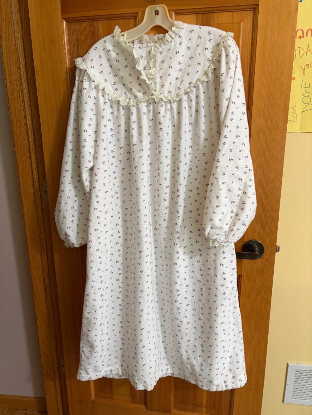 Flannel Long Night Gown  White Micro Floral Eyelet Lace, XL